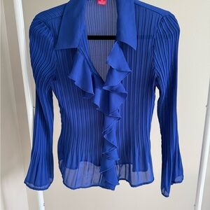 Sunny Leigh Royal Blue Ruffle Front Pleated Sheer Blouse